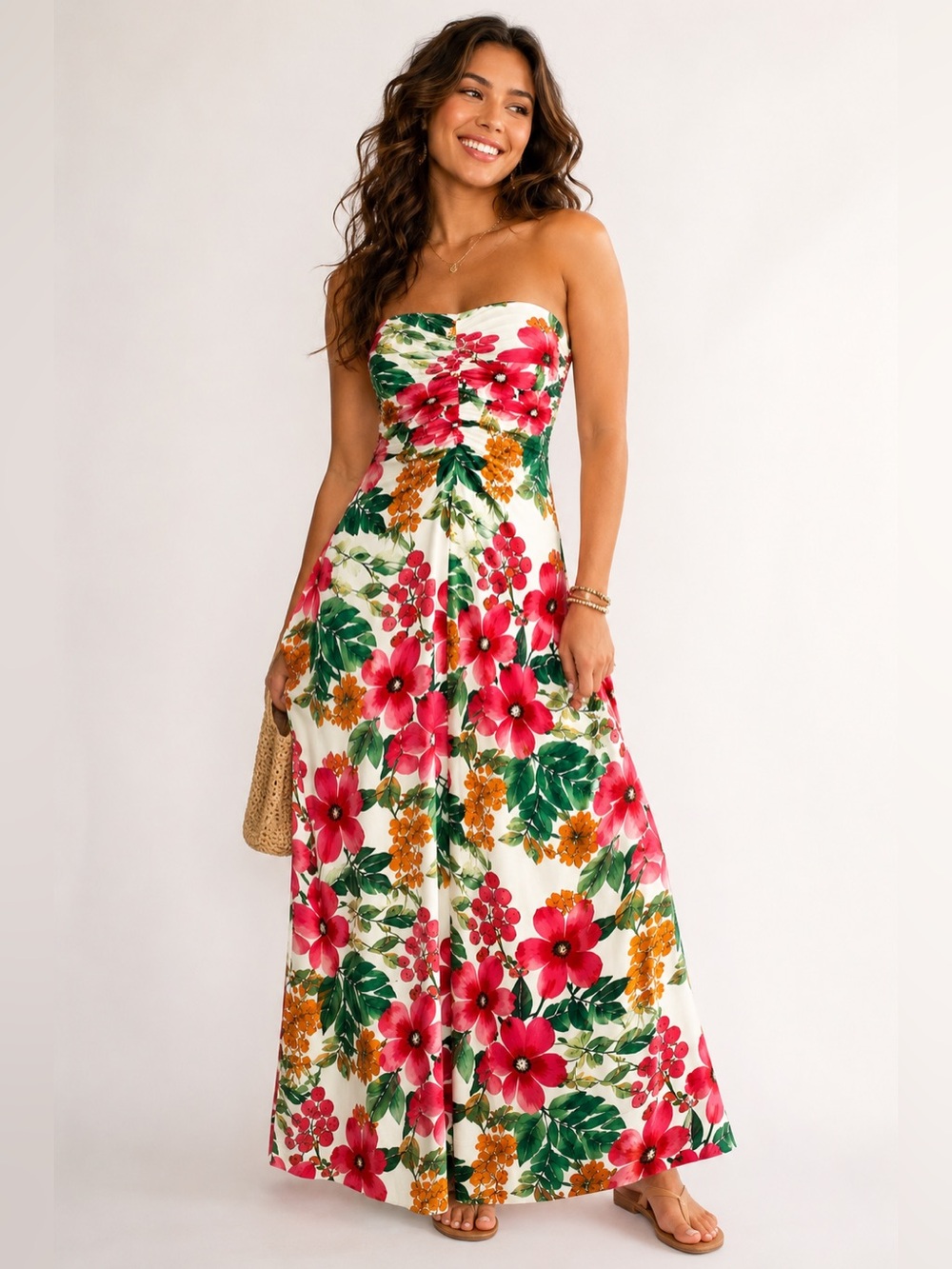 FORE Strapless Floral Maxi Ruched Bodice Tropical Botanical Resort Summer Dress